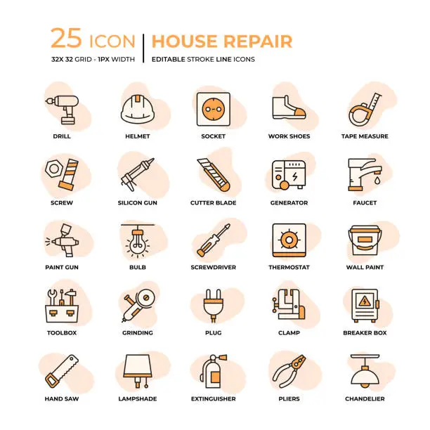 Vector illustration of House Repair Flat Style Line Icons
