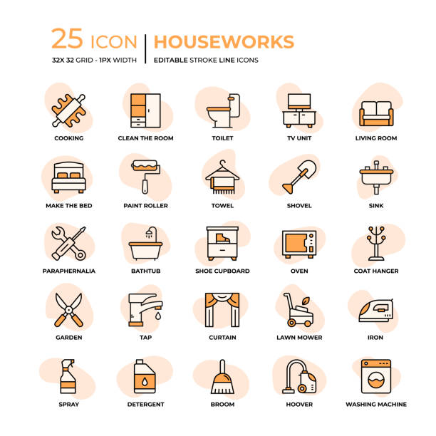 illustrazioni stock, clip art, cartoni animati e icone di tendenza di houseworks flat style line icone - household tool