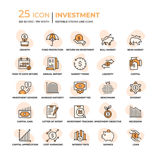 Investment Flat Style Line Icons Investment Editable Stroke Line Icons in Flat Style. Trendy Colors with unique style high resolution stock illustrations