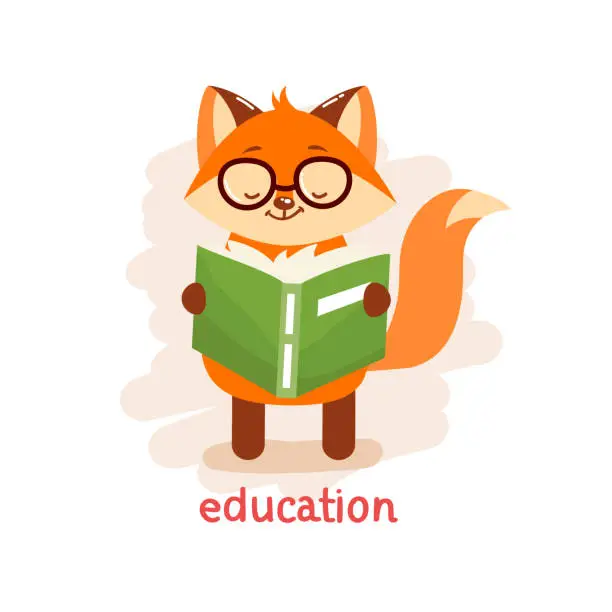 Vector illustration of Education concept. Cute fox in glasses reading a book.