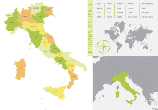 유럽지도에 국가의 ��위치를 보여주는 이탈리아의 행정 부문의 상세한 색상 벡터지도 - florence province stock illustrations