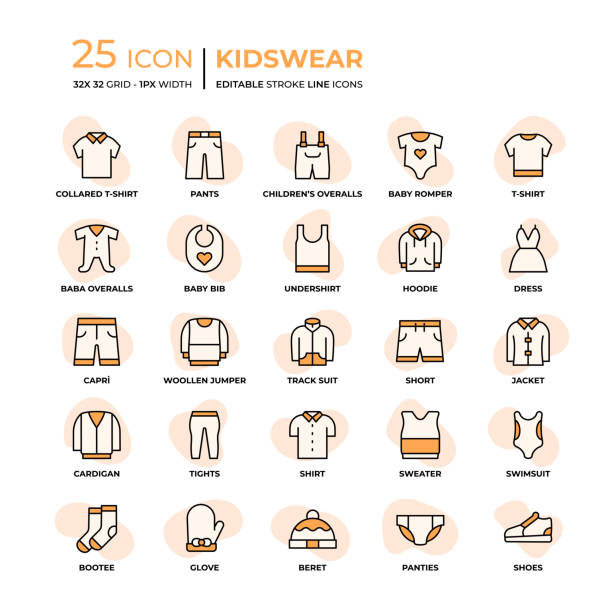 illustrazioni stock, clip art, cartoni animati e icone di tendenza di kidswear flat style line icone - capri