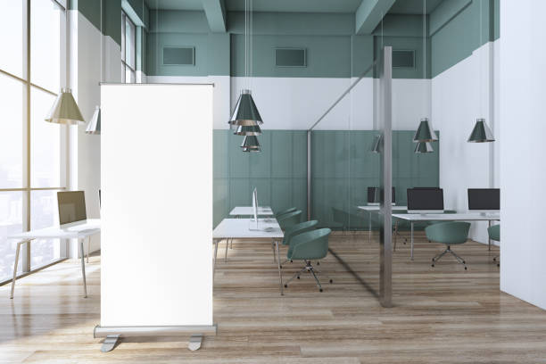 istock Modern glass partition coworking office interior with empty white mock up banner, wooden flooring, window and city view, furniture and equipment. 3D Rendering. 1356783036