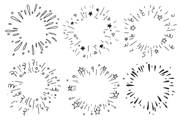 vector drawing in the style of doodle. set of explosions, fireworks. festive fireworks with stars and streamers vector drawing in the style of doodle. set of explosions, fireworks. festive fireworks with stars and streamers streamer stock illustrations