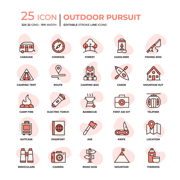 Outdoor Pursuit Flat Style Line Icons Outdoor Pursuit Editable Stroke Line Icons in Flat Style. Trendy Colors with unique style grill rods stock illustrations