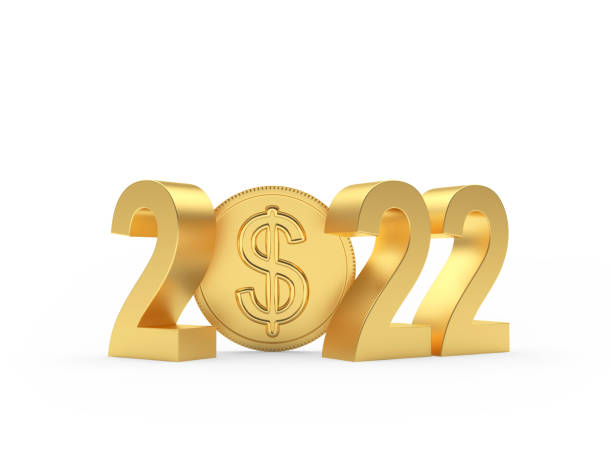 istock Gold dollar coin with number 2022. 1356784372