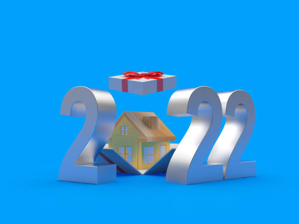 istock Silver number 2022 with a house in a gift box 1356784408