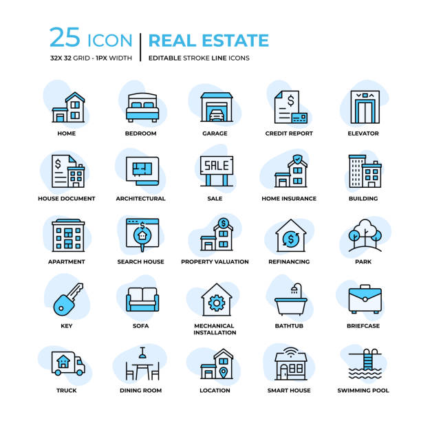 real estate flat style line icons - emlak ofisi stock illustrations