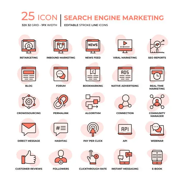 Vector illustration of Search Engine Marketing Flat Style Line Icons