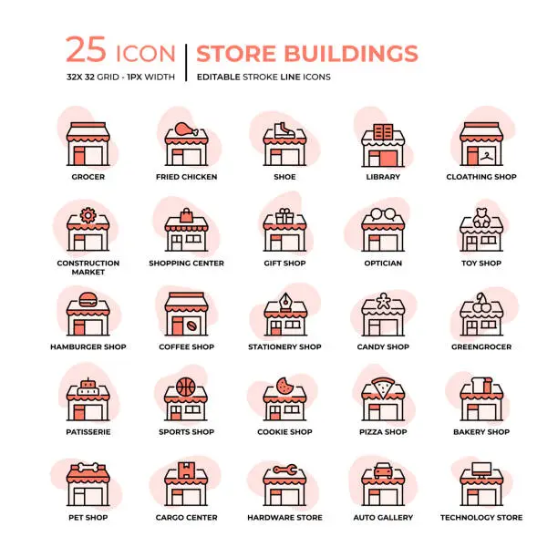 Vector illustration of Store Buildings Flat Style Line Icons