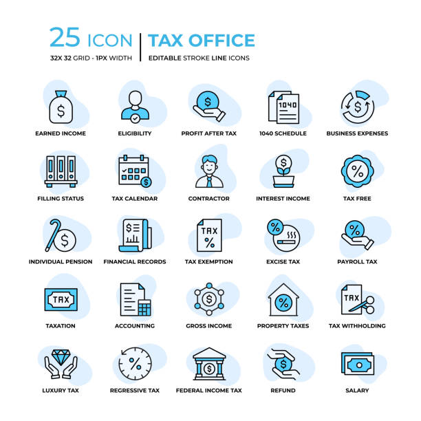 illustrazioni stock, clip art, cartoni animati e icone di tendenza di icone della linea di stile piatto dell'ufficio delle imposte - 1040 tax form