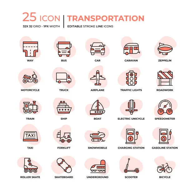 Vector illustration of Transportation Flat Style Line Icons