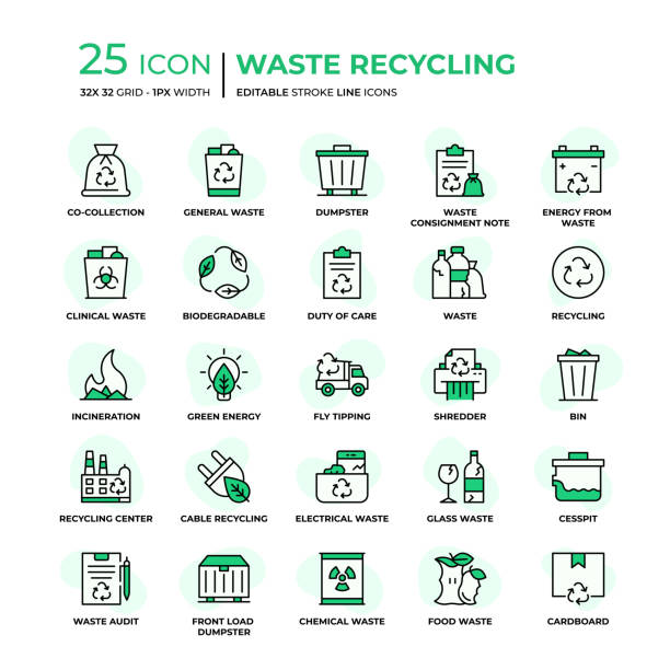 illustrazioni stock, clip art, cartoni animati e icone di tendenza di icone della linea flat style per il riciclaggio dei rifiuti - recycling paper garbage recycling center