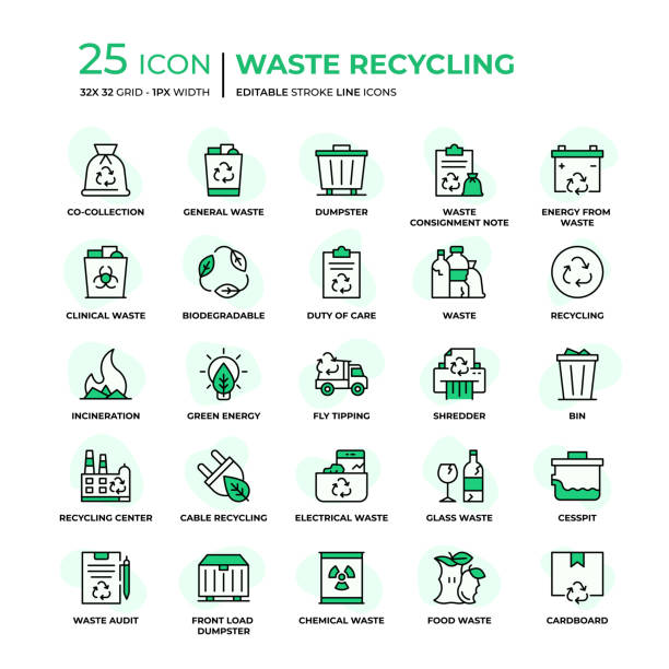 waste recycling flat style line icons - atık yönetimi stock illustrations