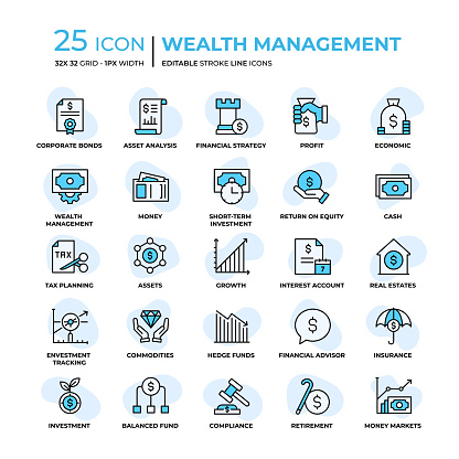 Wealth Management Editable Stroke Line Icons in Flat Style. Trendy Colors with unique style