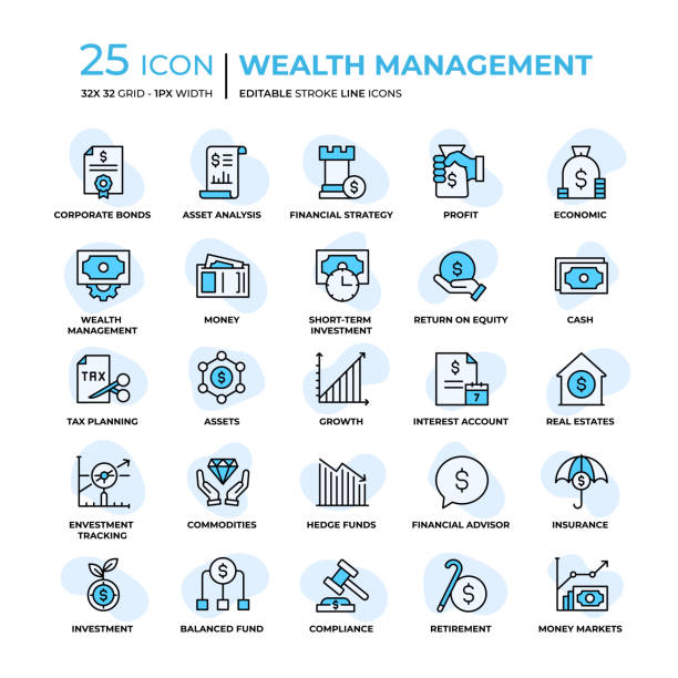 Wealth Management Flat Style Line Icons Wealth Management Editable Stroke Line Icons in Flat Style. Trendy Colors with unique style certificate illustrations stock illustrations