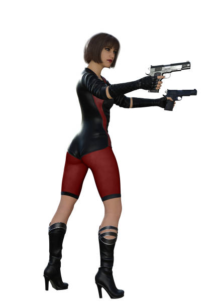 istock Futuristic soldier armed with guns in a red and black uniform, 3d illustration on White background 1356787140