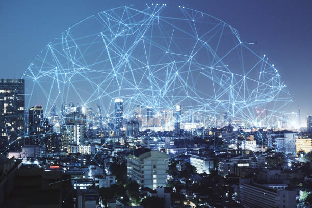 istock Creative night city backdrop with polygonal sphere. Communication, urbanization and global business concept. Double exposure. 1356790567