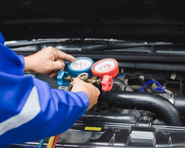 istock Car air conditioner check service, leak detection. 1356790700