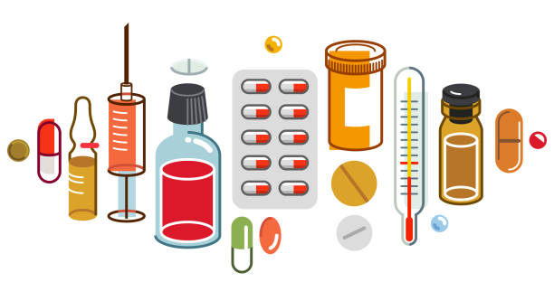 ilustraciones, imágenes clip art, dibujos animados e iconos de stock de medicamentos de farmacia boticario botellas y píldoras y ampollas, gran composición conjunto de medicamentos vector ilustración plana aislada, cuidado de la salud y curación diseño de temas médicos. - pharmacy medicine narcotic nutritional supplement