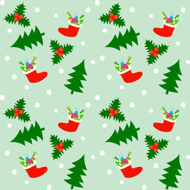 Vector illustration of Christmas pattern with a fir-tree, holly, sweets in red boots, snowballs, artistic. Vector illustration, seamless.