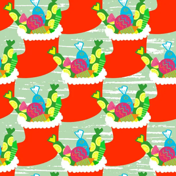 Vector illustration of Seamless vector pattern with sweets in red boots, grunge. Vector holiday illustration