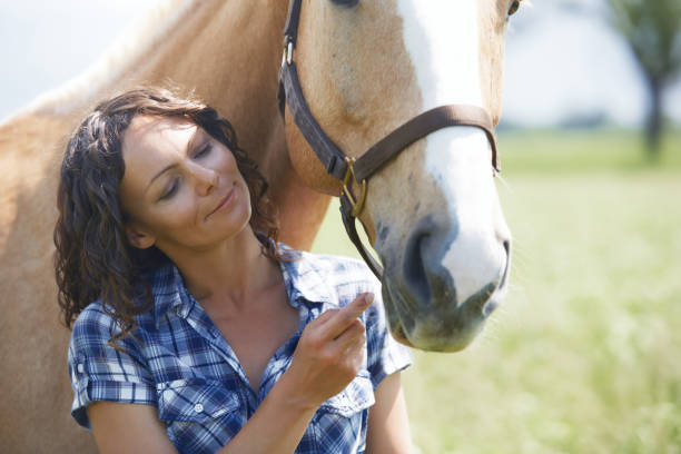Woman touching horse's whiskers at paddock