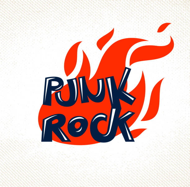 illustrations, cliparts, dessins animés et icônes de flammes et frappez l’emblème ou le logo du vecteur rock, le label de styles de musique rock and roll, hard rock, punk et heavy metal, le concert de festival de musique ou la annonce de club. - power ballad