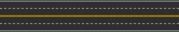 nahtlose vierspurige verkehrsmarkierung mit gestricheltem weiß und zwei durchgehenden gelben linien. horizontale gerade asphaltstraße - two lane highway stock-grafiken, -clipart, -cartoons und -symbole