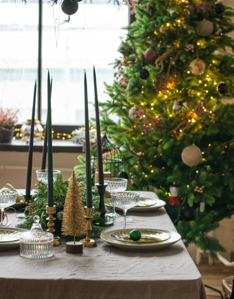 istock Festive christmas table setting with champain glasses. Restaraunt menu 1356795626