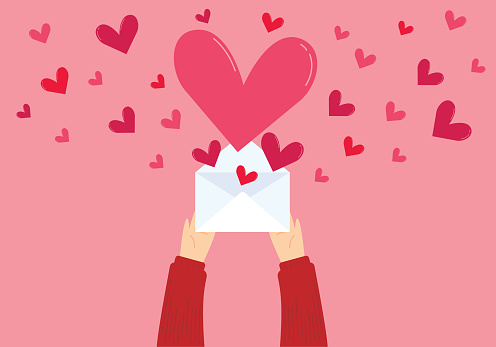 Love Letter. Hands holding a envelope and heart shape. Valentine's day concept
