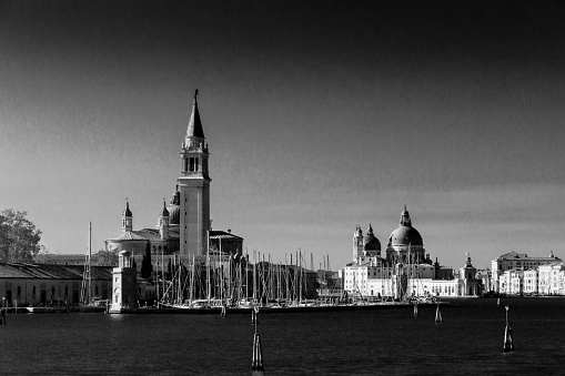 Artistic Black and White reinterpretation of a classical landscape in Venice, near San Marco square, Palladio Church. View from Giudecca channel.