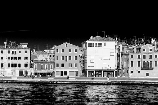 Artistic Black and White reinterpretation of a classical landscape in Venice. View from Giudecca channel.
