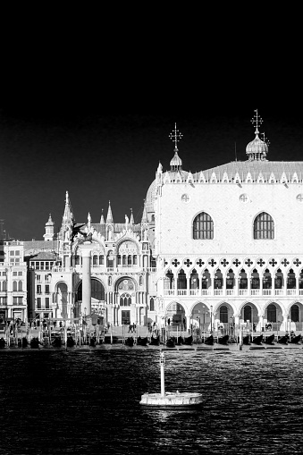 Artistic Black and White reinterpretation of a classical landscape in Venice, San Marco square. View from Giudecca channel.