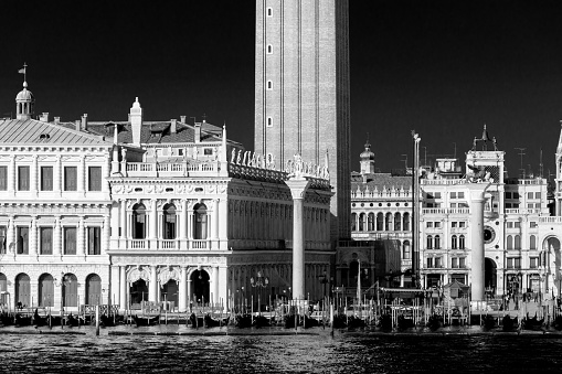 Artistic Black and White reinterpretation of a classical landscape in Venice, San Marco square. View from Giudecca channel.