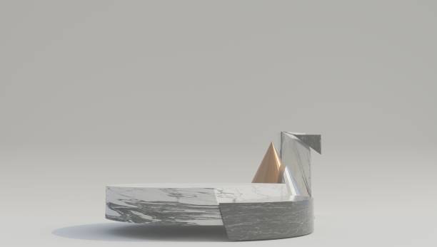 istock White marble geometric podium with dark black background. 3d rendering. 1356797900