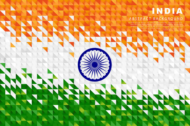 ilustraciones, imágenes clip art, dibujos animados e iconos de stock de bandera de la india. fondo abstracto de pequeños triángulos en forma de coloridas franjas naranjas, blancas y verdes de la bandera india. - indian flag flag india indian culture