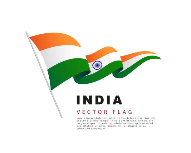 Vector illustration of The flag of India hangs from a flagpole and flutters in the wind. Vector illustration isolated on white background.