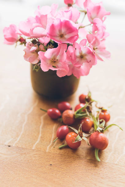 istock View of wild roses and rose hips on table 1356799549