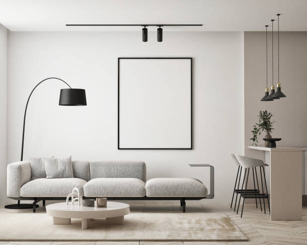 mock up poster frame in modern interior background, living room, Scandinavian style, 3D render, 3D illustration