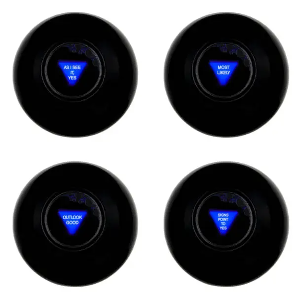 Set of four magic 8 balls with indecisively positive predictions isolated on white background