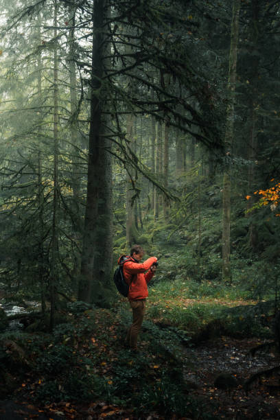 Young man  takes photo in forest