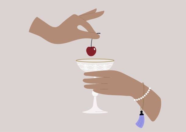 ilustrações de stock, clip art, desenhos animados e ícones de hands putting a cherry in a champagne glass, upper class lifestyle - upper class illustrations