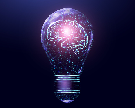 Wireframe polygonal human brain in a lightbulb. Business idea, brainstorming concept with glowing low poly bulb. Futuristic modern abstract background. Vector illustration.