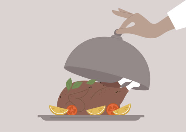 illustrations, cliparts, dessins animés et icônes de un serveur ouvrant une cloche métallique, un poulet rôti servi avec des herbes et des légumes sur un plateau - plateau à cloche