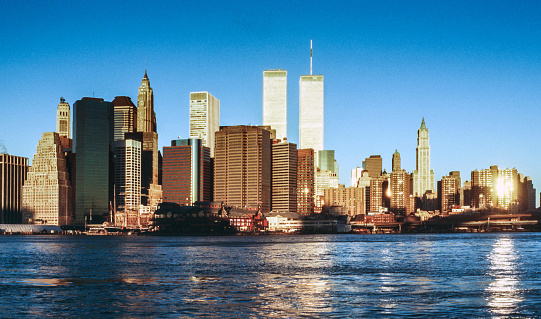 Ney York, USA - September 30, 1996:  Lower mahattan and  World Trade Center in New York City, America.  the WTC was destroyed by 911 from terrorists.