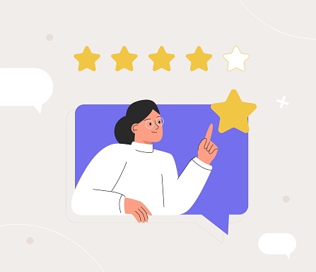 Customer feedback review with give 5 star rating. Customer woman review and user rating five stars from dialog box in the application. Flat style vector illustration.