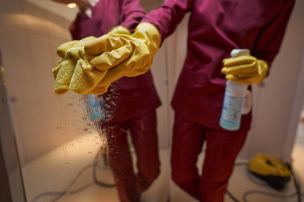 istock Professional janitor cleaning mirror in apartment hall 1356804928