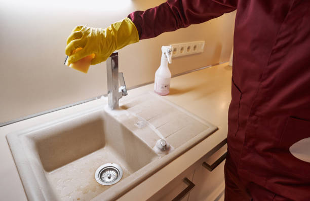 istock Cleaning person in uniform sponging kitchen faucet 1356805034