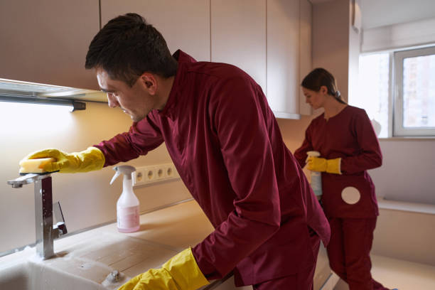 istock Two uniformed cleaners is disinfecting kitchen surfaces 1356805052